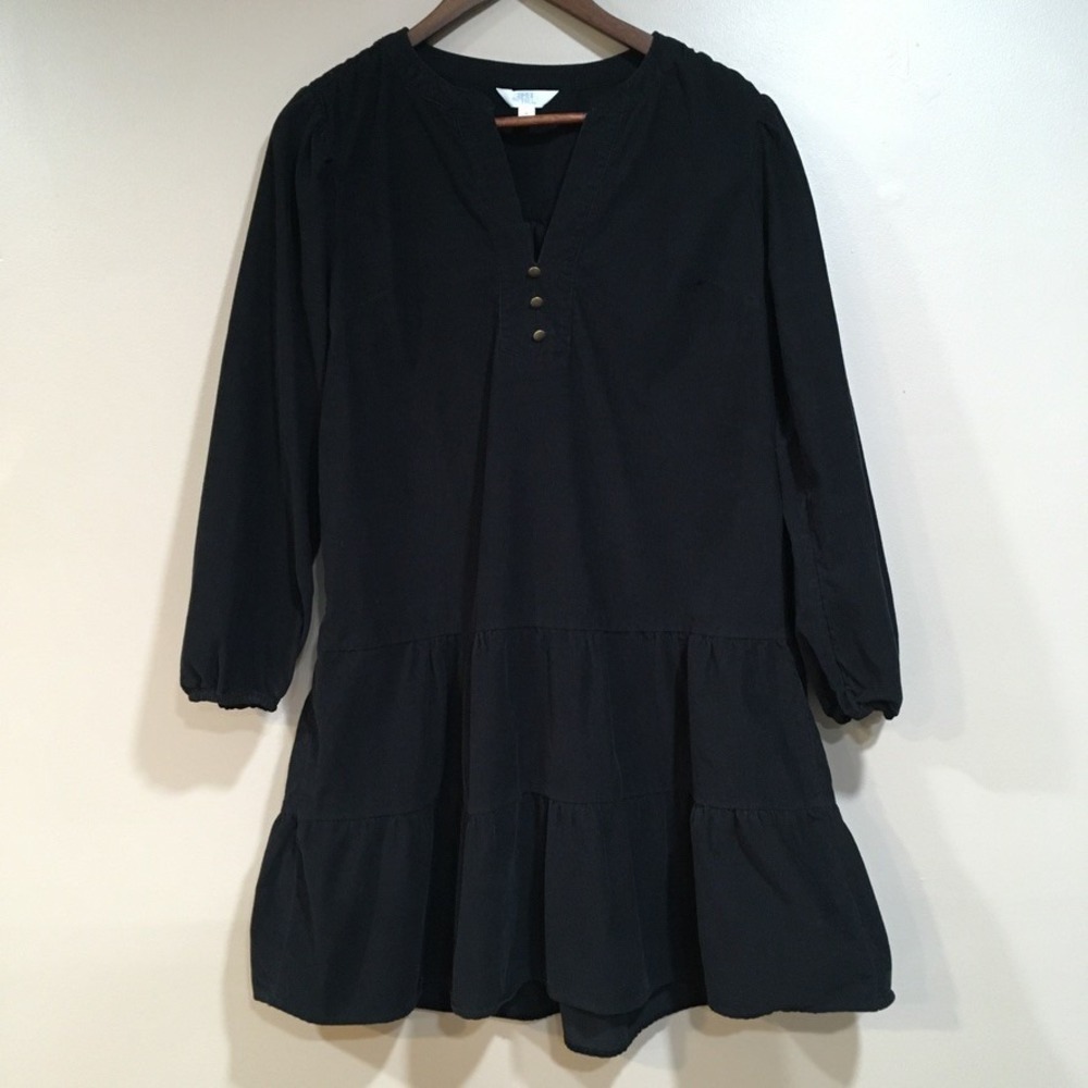 Corduroy Babydoll Tiered Mini Dress‎ Womens S Black Boho Cottage Festival Cute